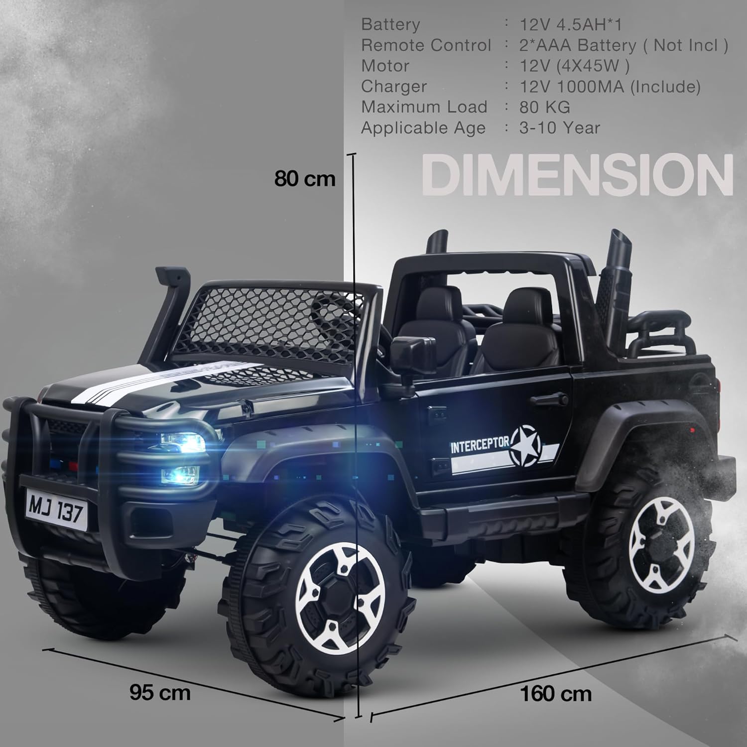 Big baby battery car, a robust black ride-on jeep with functioning headlights, overhead lights, and a realistic design, offering an immersive driving experience for children with www.usmile.toys